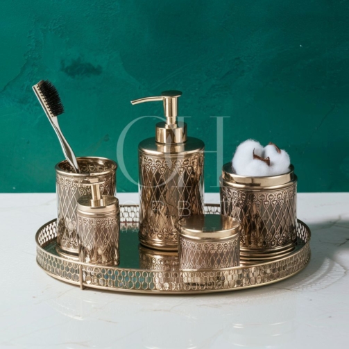 Elevate your bathroom decor with the Golden Plated Bathroom Essentials Set from Orbit Handicrafts. Adorned with lavish golden plating, this set exudes opulence and sophistication, offering essential accessories for a luxurious bathing experience.