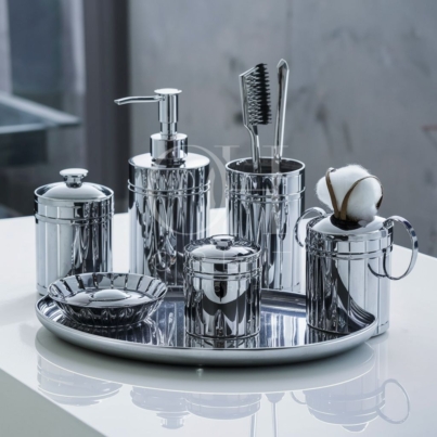 The Luxe Silver Bathroom Accessories Set from Orbit Handicrafts. Crafted from premium materials, this set combines elegance with functionality, offering essential accessories for a luxurious bathing experience.