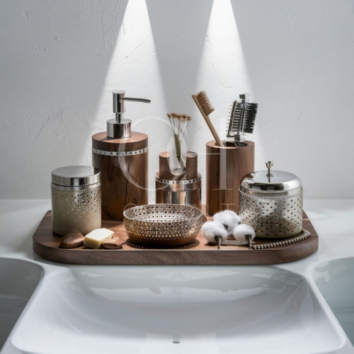 Elevate your bathroom decor with the Wood and Metal Combination Bathroom Set from Orbit Handicrafts. Featuring a harmonious blend of natural wood and sleek metal accents, this set adds rustic charm and contemporary elegance to any bathroom space.